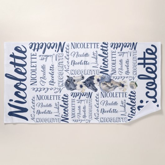 Serviette De Plage Filles personnalisées long nom avec chevaux (Devant)