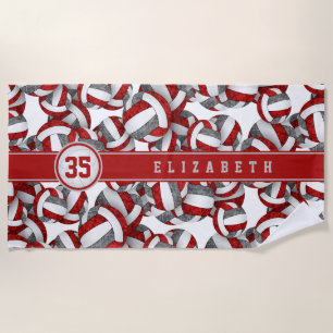 Serviette De Plage filles rouge gris volleyballs motif nom personnali