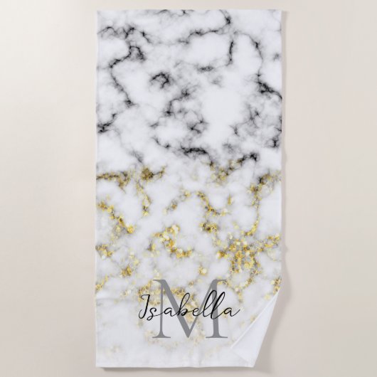 Serviette De Plage Flacon brillant en marbre noir et blanc Monogramme (Devant)