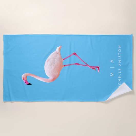 Serviette De Plage Flamant rose Bleu élégant | Monogramme personnalis (Devant)