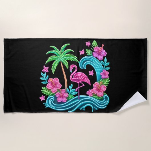 Serviette De Plage Flamant rose de néon tropical (Devant)