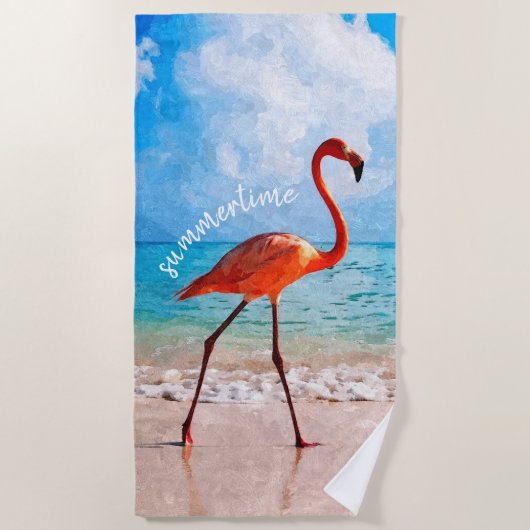 Serviette De Plage Flamant rose Élégant Sur Mesure Sur Plage Aquarell (Devant)