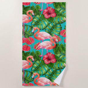 Serviette De Plage Flamant rose et aquarelle du jardin tropical