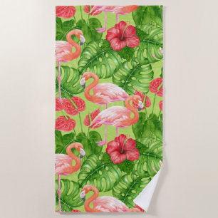 Serviette De Plage Flamant rose et plantes tropicaux