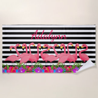 Serviette De Plage Flamant rose et rayures tropicaux personnalisés