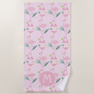 Serviette De Plage Flamant rose fille mignonne et Monogramme rose bik