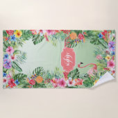 Serviette De Plage Flamant rose floral tropical Aquarelle Nom du mono (Devant)
