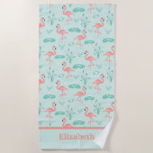 Serviette De Plage Flamant rose Monogramme Oiseau tropical vert rose (Devant)