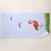 Serviette De Plage Flamant Rose & Prairie avec Fleurs sur Fond Bleu C (Devant)