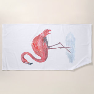 Serviette De Plage Flamant rose rose, aquarelle.