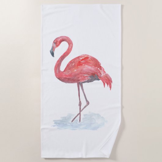 Serviette De Plage Flamant rose rose, aquarelle. (Devant)