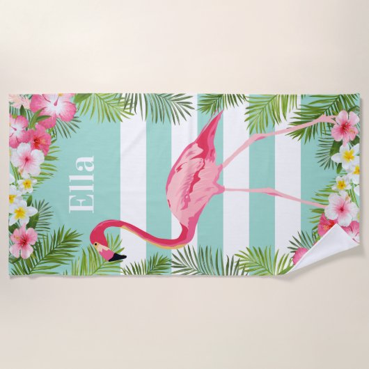 Serviette De Plage Flamant rose rose d'Aqua tropical Monogramme sur m (Devant)