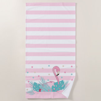Serviette De Plage Flamant rose rose élégant et Feuilles tropicaux