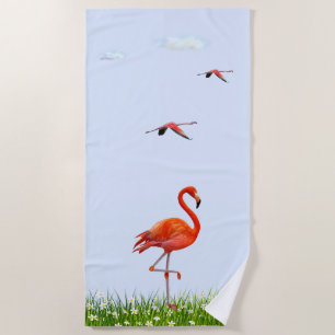Serviette De Plage Flamant rose rose et prairie avec fleurs sur bleu