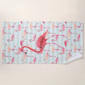 Serviette De Plage Flamant rose rose et rayures bleues (Devant)