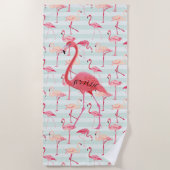 Serviette De Plage Flamant rose rose et rayures bleues (Devant)