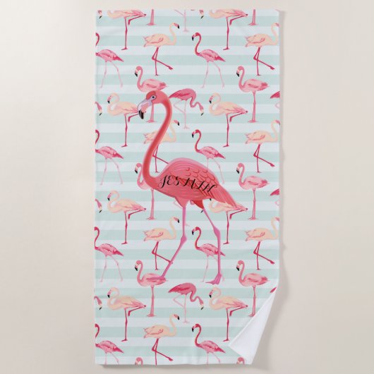 Serviette De Plage Flamant rose rose et rayures bleues (Devant)