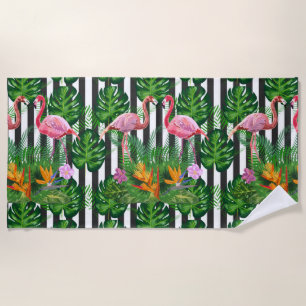 Serviette De Plage Flamant rose rose Fleurs tropicales Grunge foncé
