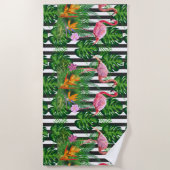 Serviette De Plage Flamant rose rose Fleurs tropicales Grunge foncé (Devant)