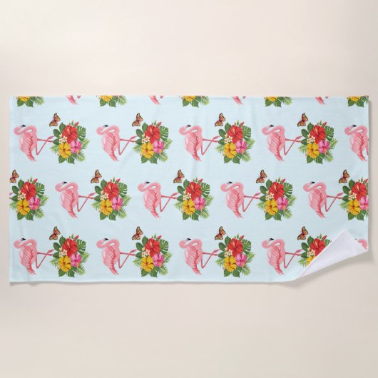 Serviette De Plage Flamant rose rose & Hibiscus Tropical Fancy Motif (Devant)