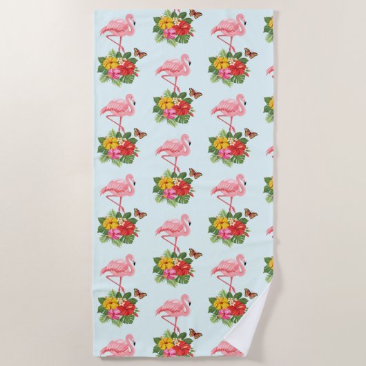 Serviette De Plage Flamant rose rose & Hibiscus Tropical Fancy Motif (Devant)