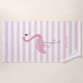 Serviette De Plage Flamant rose Rose mignon, Rayures -Personnalisé (Devant)