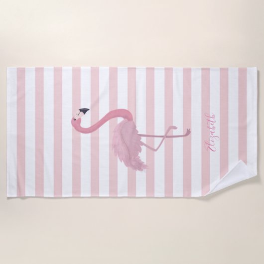 Serviette De Plage Flamant rose Rose mignon, Rayures -Personnalisé (Devant)