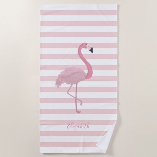 Serviette De Plage Flamant rose Rose mignon, Rayures -Personnalisé (Devant)
