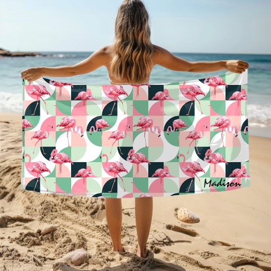 Serviette De Plage Flamant rose rose moderne géométrique Fille person