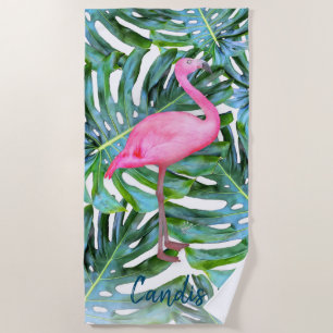 Serviette De Plage Flamant rose rose personnalisé Feuilles tropicaux 