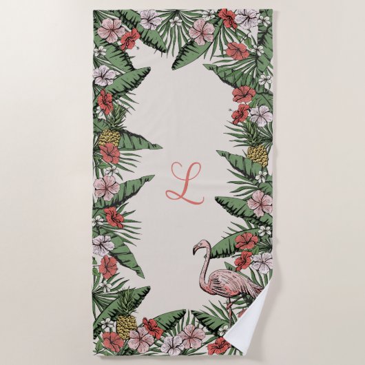 Serviette De Plage Flamant rose rose tropical et Hibiscus Monogrammé (Devant)