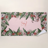 Serviette De Plage Flamant rose rose tropical et Hibiscus Monogrammé (Devant)