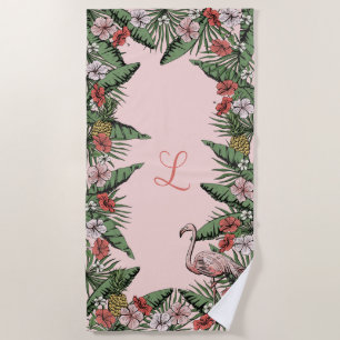 Serviette De Plage Flamant rose rose tropical et Hibiscus Monogrammé