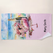 Serviette De Plage Flamant rose sur la plage (Devant)