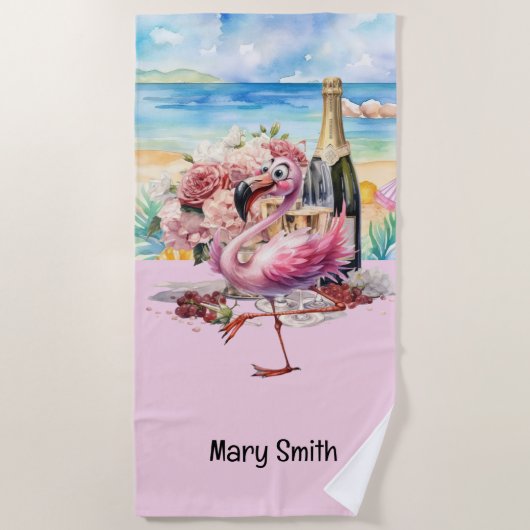 Serviette De Plage Flamant rose sur la plage (Devant)