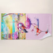 Serviette De Plage Flamant rose sur la plage (Devant)
