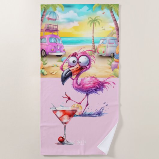 Serviette De Plage Flamant rose sur la plage (Devant)