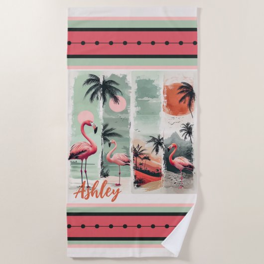 Serviette De Plage Flamant rose tropical (Devant)