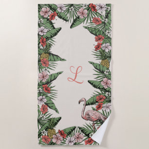 Serviette De Plage Flamant Rose Tropical et Monogramme Hawaïen