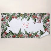 Serviette De Plage Flamant Rose Tropical et Monogramme Hibiscus (Devant)
