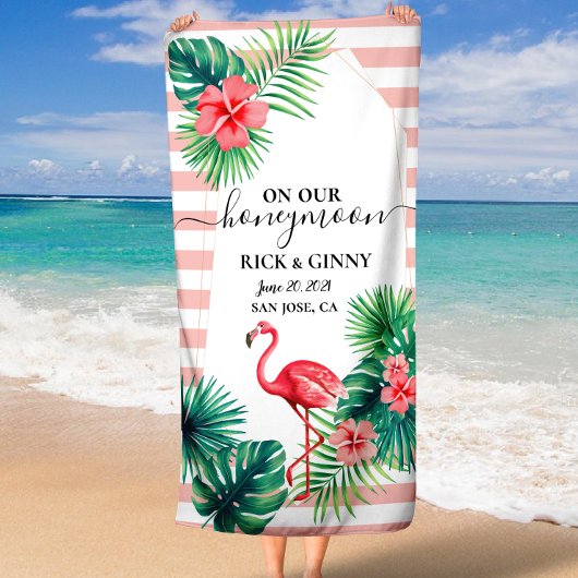 Serviette De Plage Flamant Rose Tropical Feuilles Rayures Lune de Mie