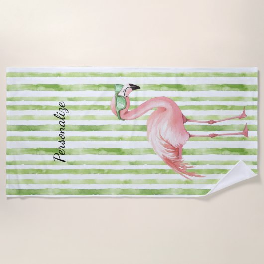 Serviette De Plage Flamant Rose Vert Rose (Devant)