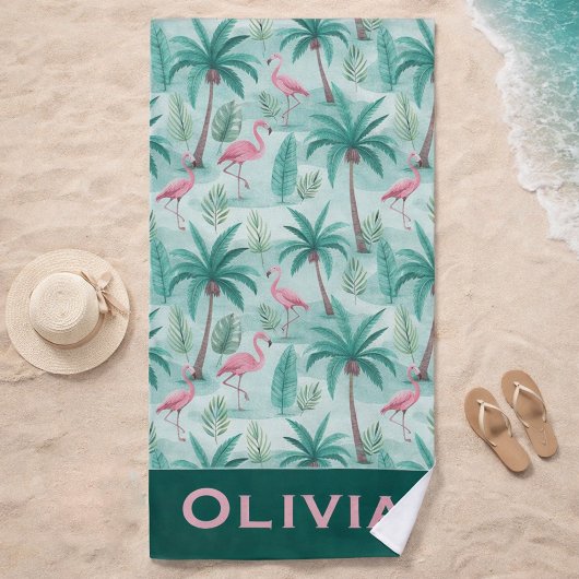 Serviette de plage Flamant Tropical & Palmier
