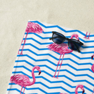 Serviette De Plage Flamants roses chevrons abstraits bleus monogrammé
