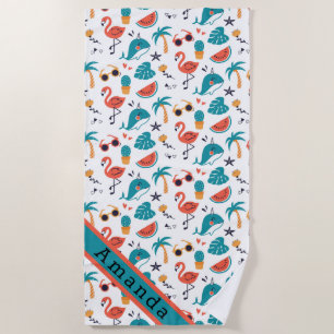 Serviette De Plage Flamants roses et baleines à licorne