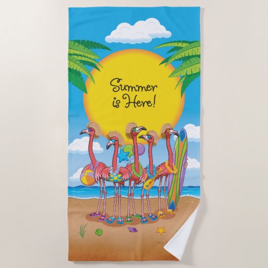Serviette de plage flamants roses L'été est là (Devant)