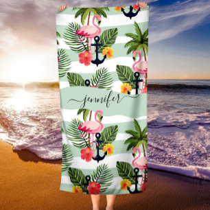 Serviette De Plage Flamants roses rose hawaïen tropical Feuilles de p