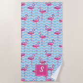 Serviette De Plage Flamants roses roses Bleu Abstrait Chevrons Monogr (Devant)