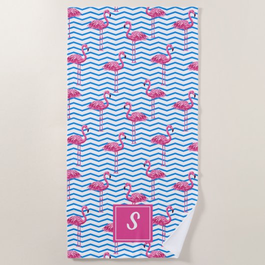 Serviette De Plage Flamants roses roses Bleu Abstrait Chevrons Monogr (Devant)