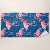 Serviette De Plage Flamants roses sur feuilles de bananes bleues (Devant)